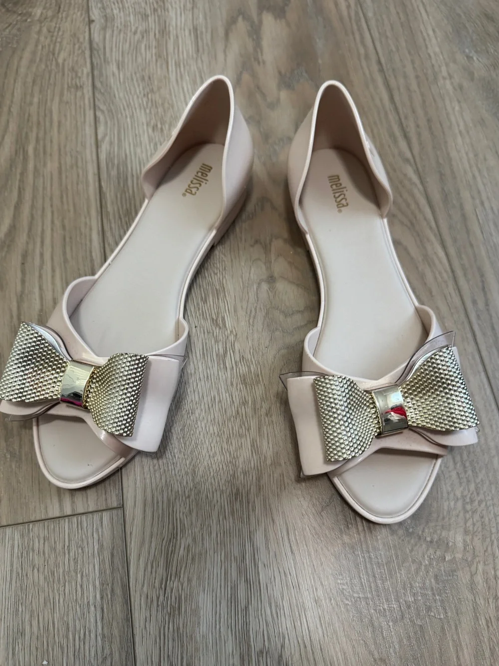 Melissa Seduction V Jelly Beige Flats with Textured Gold Bow Sz. 8 - Picture 5 of 12